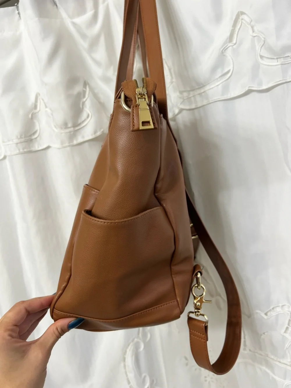 Elkie & Co Aberdeen Diaper Saddle Cognac Vegan Leather Convertible Backpack Tote